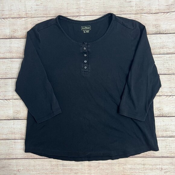 LL Bean Womens XL Henley Shirt 3/4 Sleeve Black 100% Cotton Made in Cambodia - Picture 1 of 8